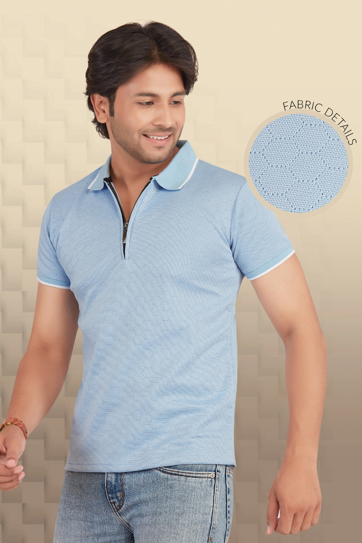 Textura Light Blue Hexnit Zip Polo