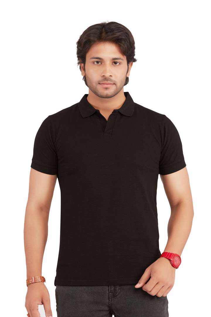 Texture Black Popcorn Open Collar Polo