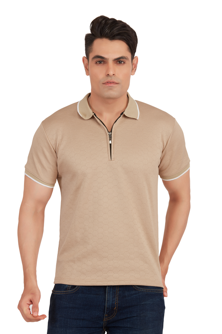 Textura Beige Hexnit Zip Polo