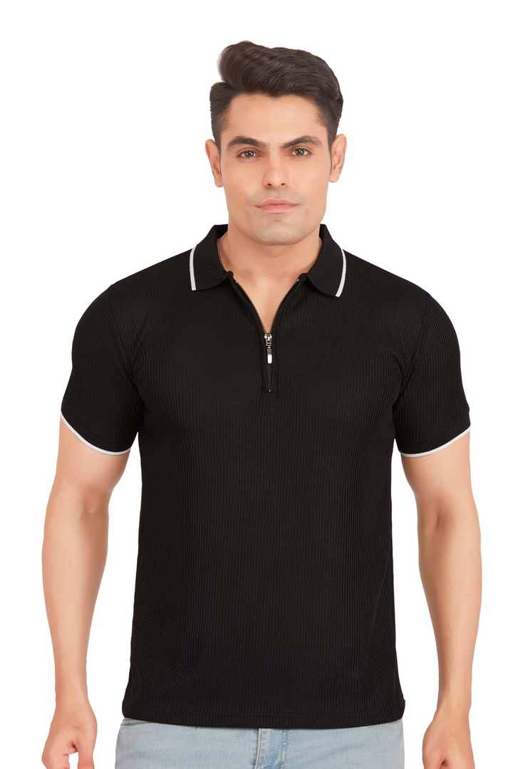 Texture Black Crossknit Polo with Zip Enhancement