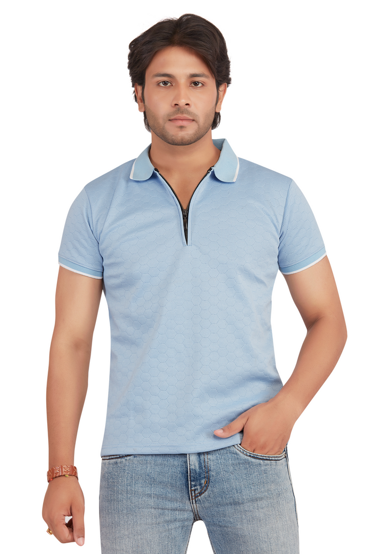 Textura Light Blue Hexnit Zip Polo