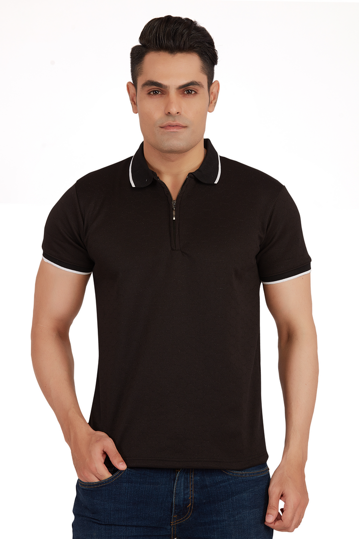 Textura Black Hexnit Polo Zip Polo