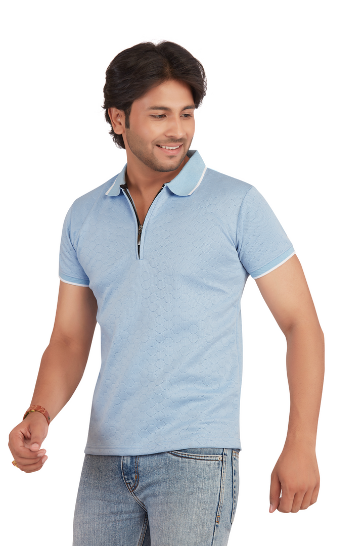 Textura Light Blue Hexnit Zip Polo