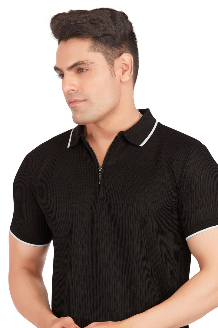 Texture Black Crossknit Polo with Zip Enhancement