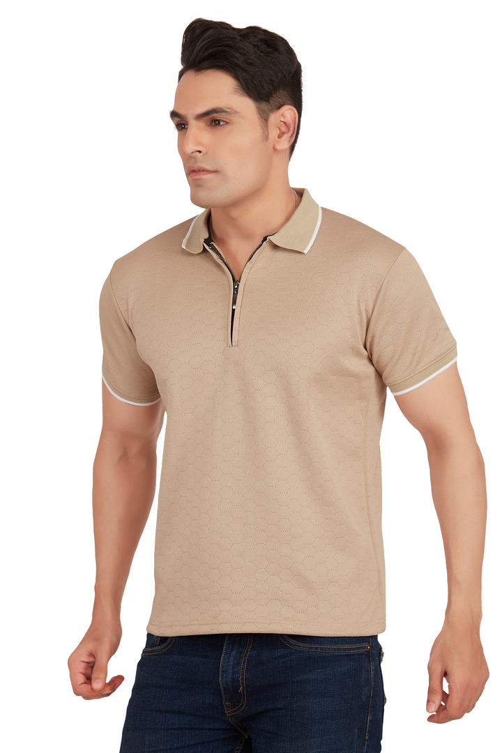 Textura Beige Hexnit Zip Polo