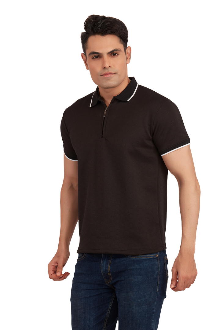 Textura Black Hexnit Polo Zip Polo