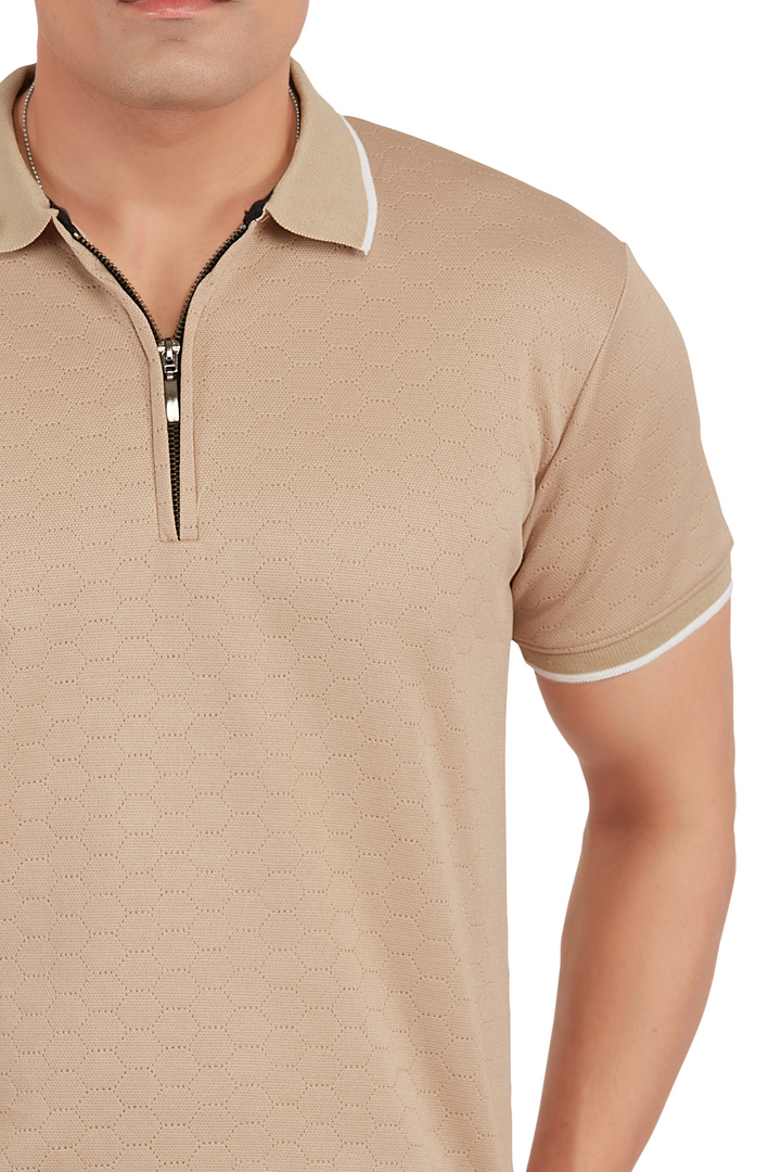 Textura Beige Hexnit Zip Polo