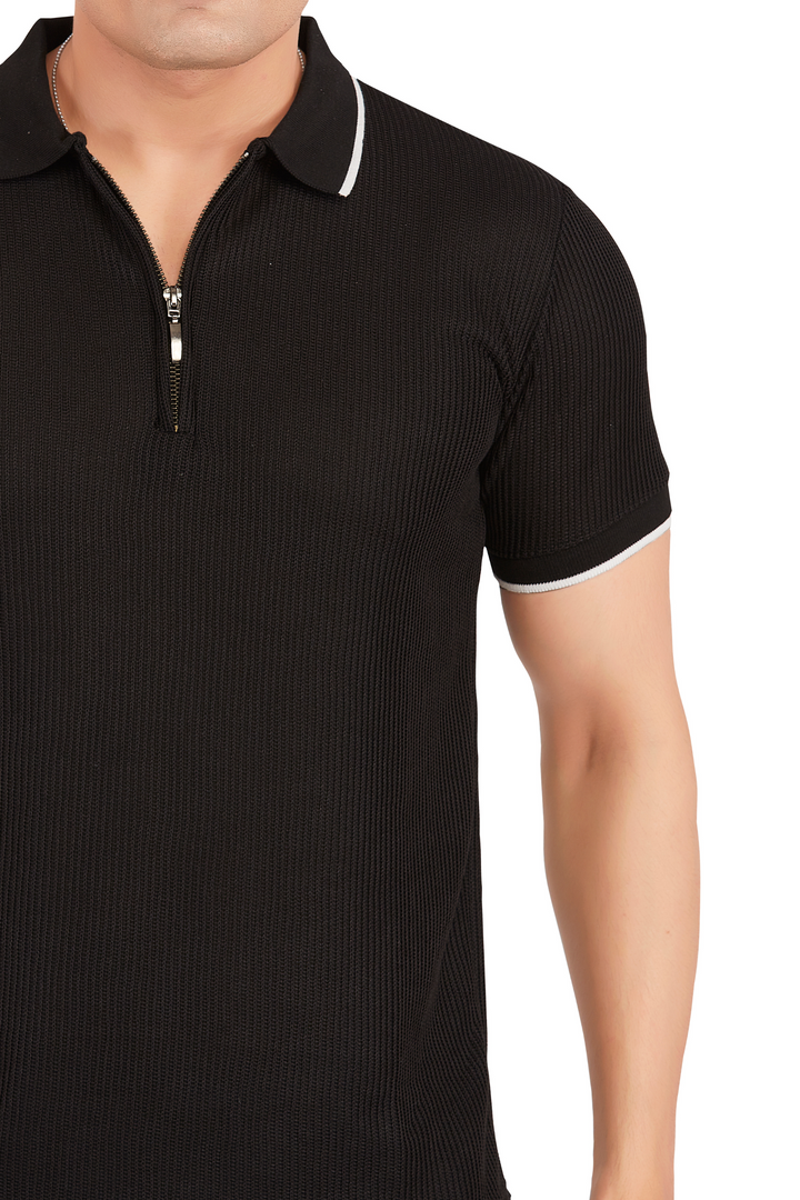 Texture Black Crossknit Polo with Zip Enhancement