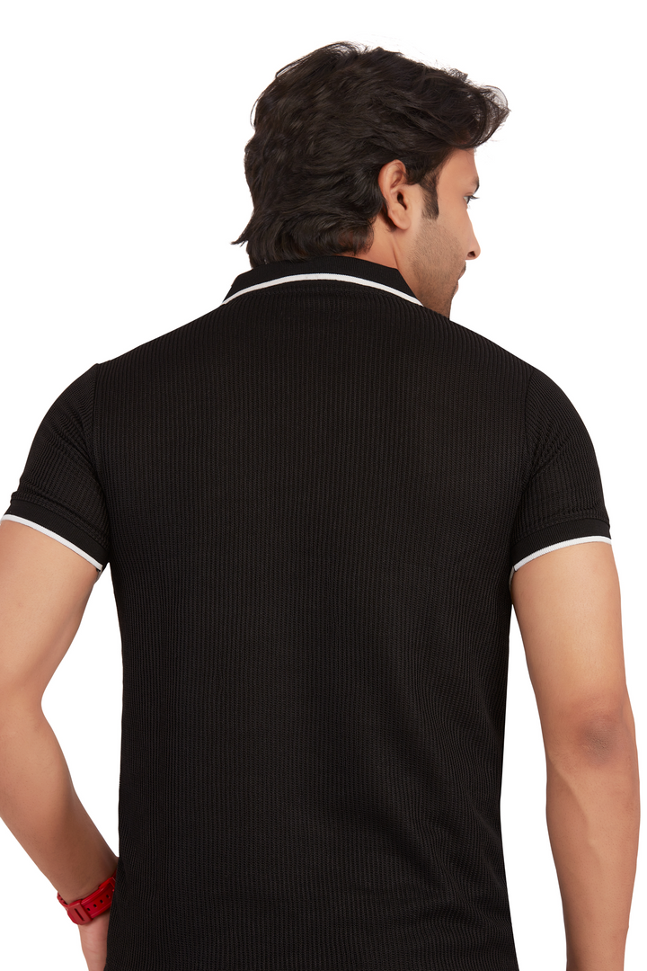 Texture Black Crossknit Polo with Zip Enhancement