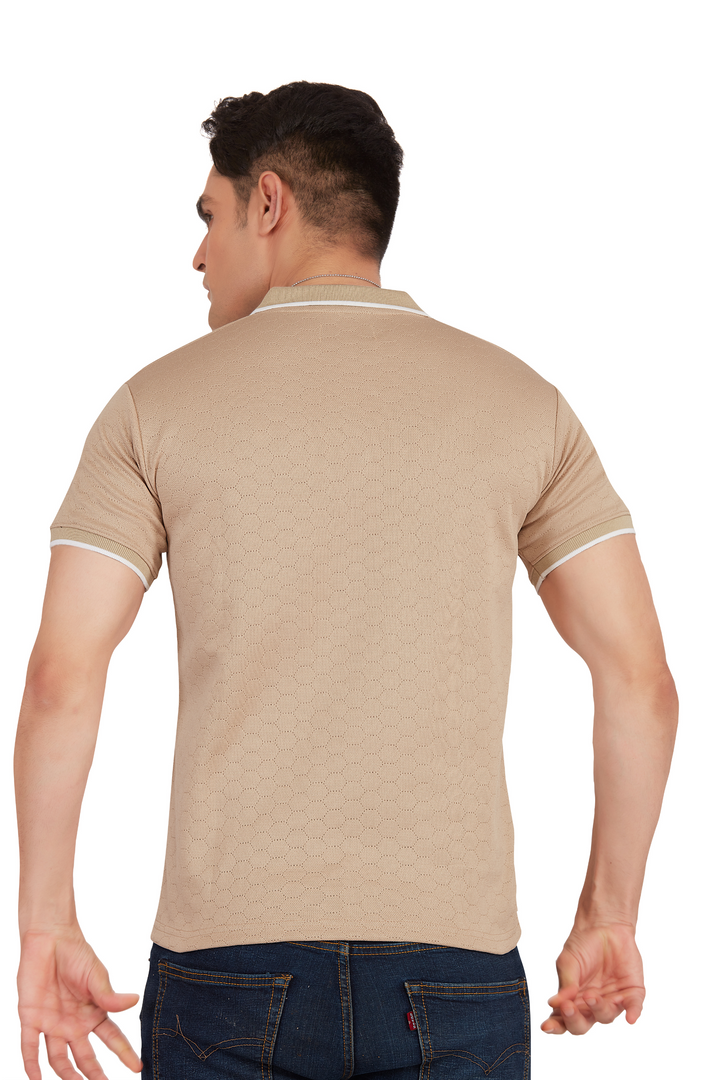 Textura Beige Hexnit Zip Polo