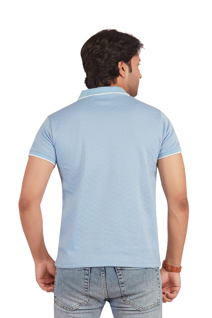 Textura Light Blue Hexnit Zip Polo