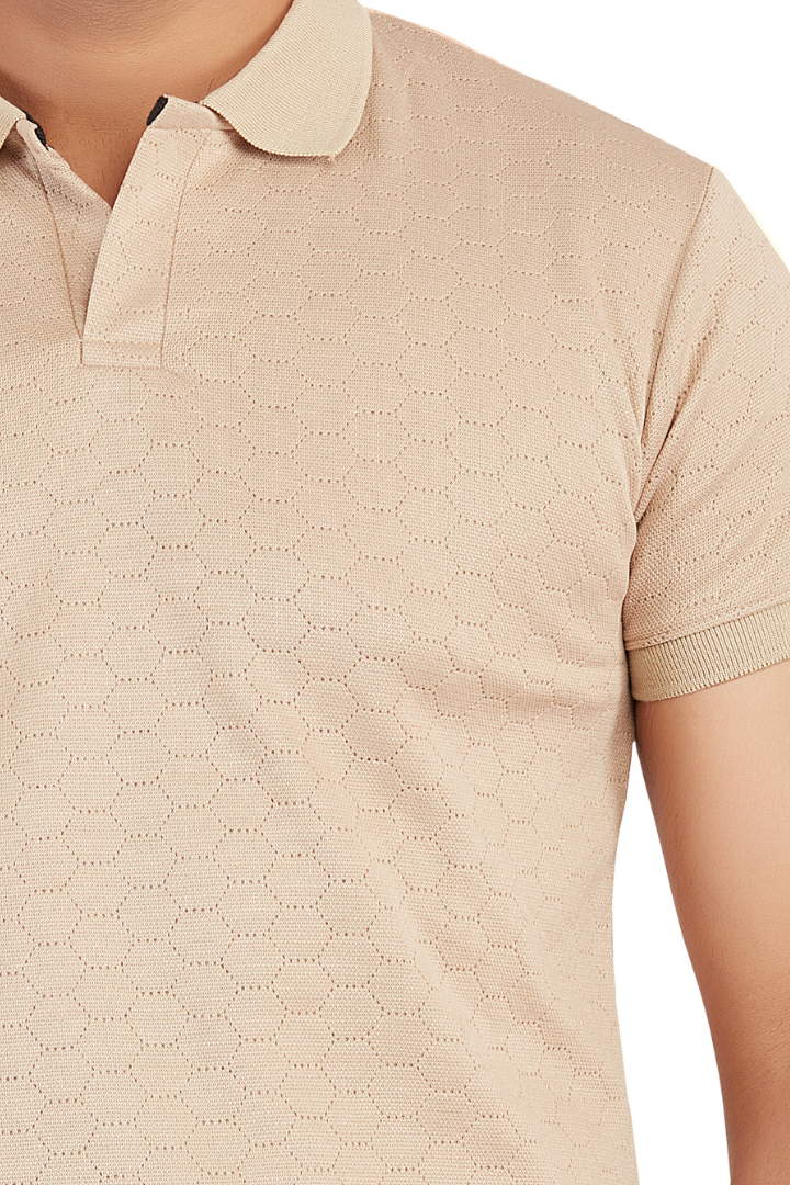 Texture Beige HexKnit Open Collar Polo